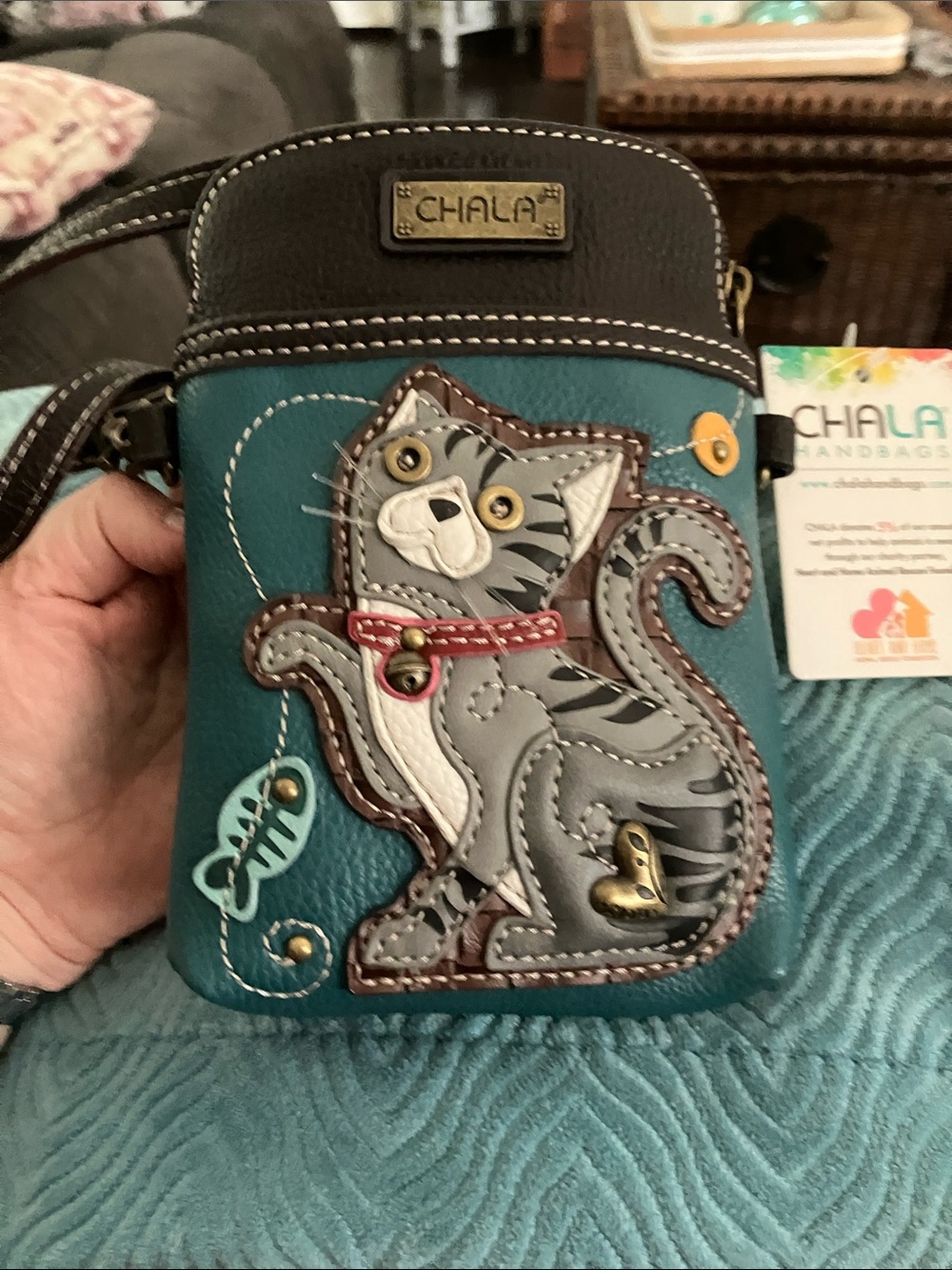 Chala Teal Crossbody with Grey Cat Appliqué and Brass Accents